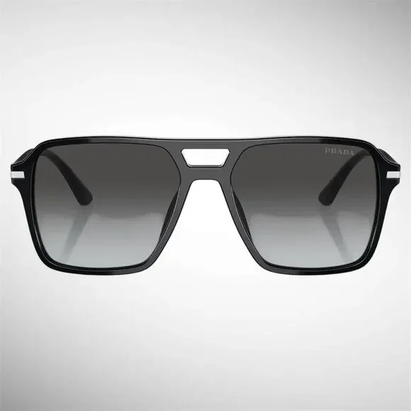 NEW PRADA Sunglasses Black Aviator Pilot 55-17mm Grey Lens Silver Logo